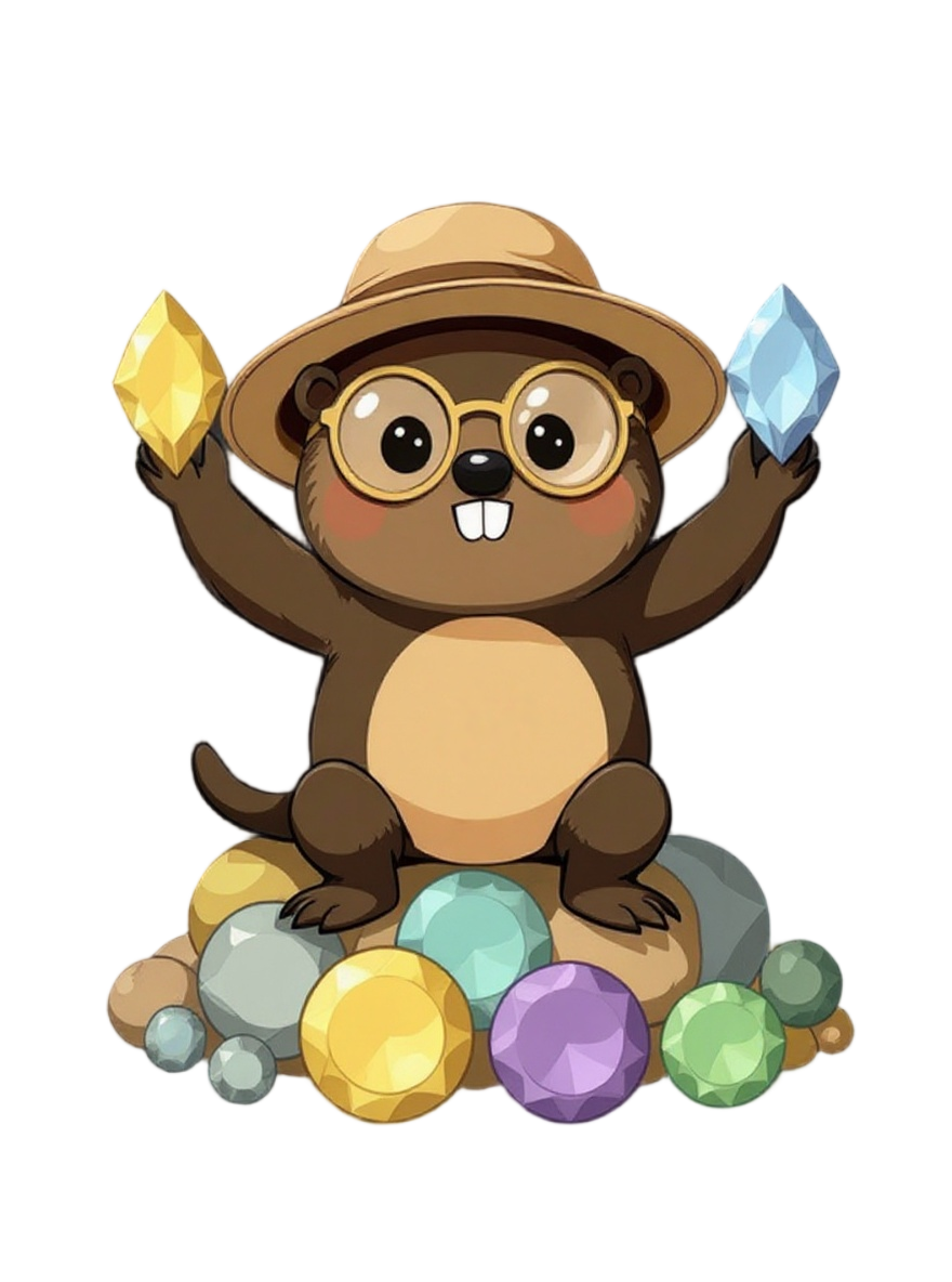 Duggley the mole sitting on a pile of colorful gems, holding crystals above his head